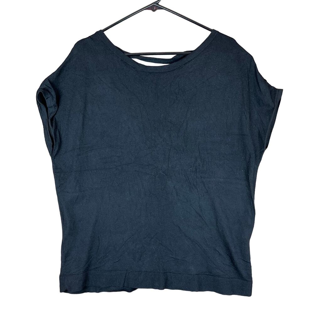 LOFT Womens Shirt Black Crew Neck Cap Sleeve Crisscross Back Stretch Large